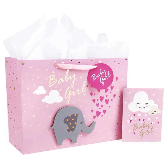 HOMERAL 16" Extra Large Baby Girl Gift Bag with Greeting Card & Tissue Paper - Pink Elephant & Heart Star Design Perfect for Baby Shower, Newborn Gift
