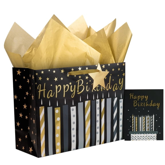 HOMERAL 16" Extra Large Gift Bag with Greeting Card and Tissue Paper - Black & Gold Birthday Cake & Star Design Perfect for Birthday Gifts