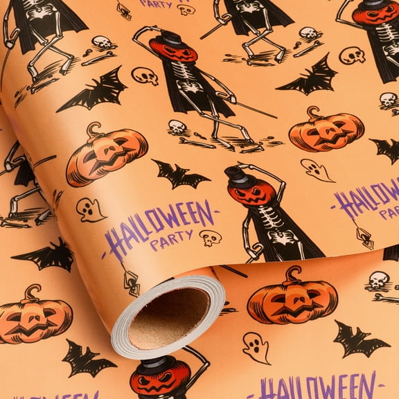 HOMERAL Orange Halloween Wrapping Paper Roll - 17 In X 16.4 Ft (23.3 sqft) - Holiday Wrapping Paper with Pumpkin Skeleton, Bat & Halloween Party Text Pattern for Halloween, Trick-or-Treat & Spooky Pa