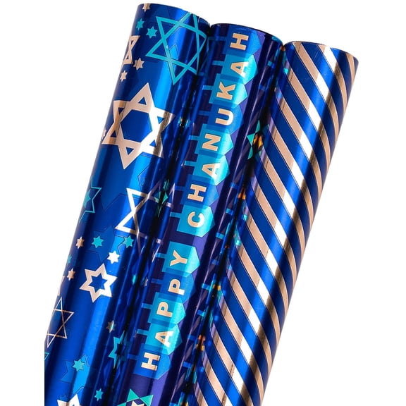 HOMERAL Hanukkah Wrapping Paper Roll Set- 17 X 120 in Per Roll(42.5 sq.ft.ttl.) Navy Blue with Metallic Shine