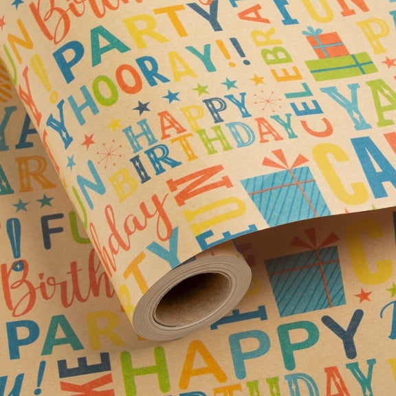 HOMERAL Kraft Birthday Wrapping Paper for Boys Girls Kids - Colorful Happy Birthday Pattern Great for Birthday, Party, Baby Shower - Mini Roll - 17 Inches X 33 Feet