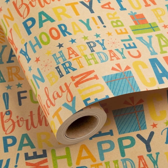 HOMERAL Kraft Birthday Wrapping Paper for Boys Girls Kids - Colorful Happy Birthday Pattern Great for Birthday, Party, Baby Shower - Mini Roll - 17 Inches X 33 Feet