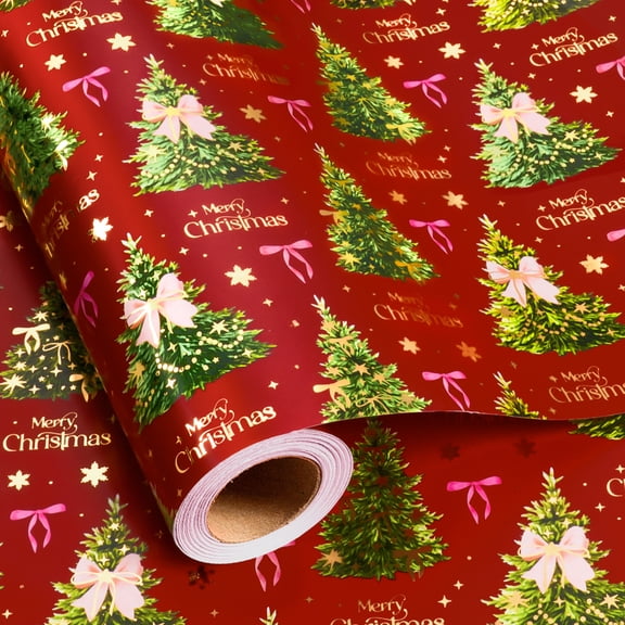 HOMERAL Red Gold Christmas Tree Christmas Wrapping Paper Roll - 17 in X 33 ft