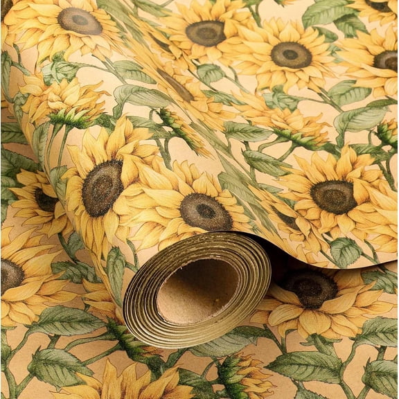 HOMERAL Kraft Sunflowers Gift Wrapping Paper - Vintage Elegant Sunflowers Floral Gift Wrap Paper for Women Birthday, Christmas, Baby Shower, Mothers Day, Thanksgiving, Holiday - 17 Inches X 33 Feet
