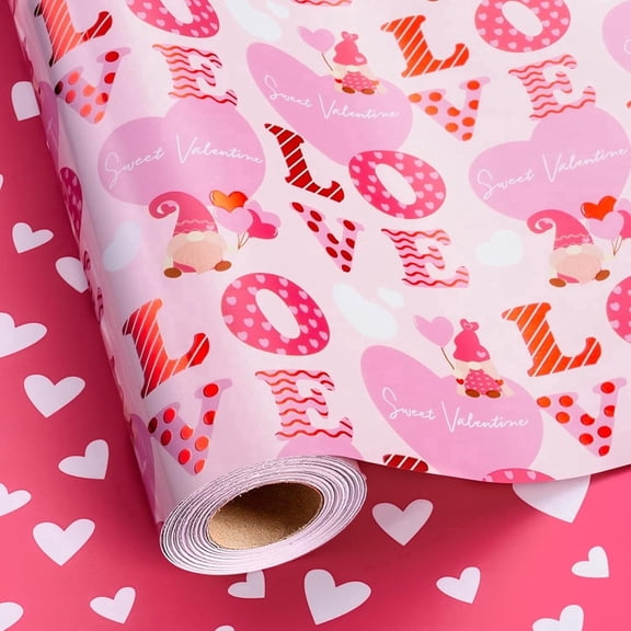 HOMERAL LOVE Wrapping Paper Roll - 17 Inch X 33 Feet - Pink Gift Wrap with "LOVE" Letters, Hearts, Ddorable Gnomes - Perfect for Valentine's Day Anniversary Proposal Bridal Shower
