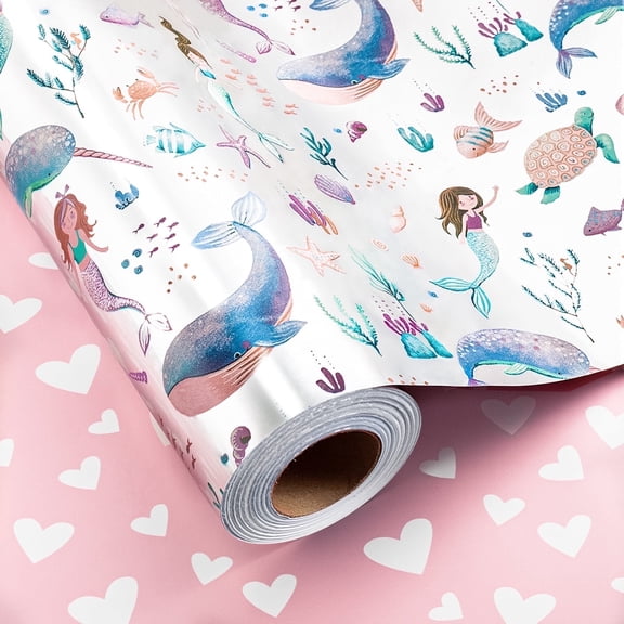 HOMERAL Metallic Shine Mermaid Wrapping Paper Roll - Reversible Pink Heart