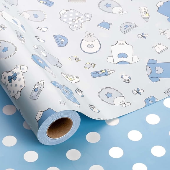 HOMERAL Newborn Baby Wrapping Paper Roll - 17Inch x 33Feet - Cute Baby Blue Boy Snapsuit and Bottles Design Gift Wrap Baby Shower Presents Sheet for New Baby, Birthday, Celebration and Party