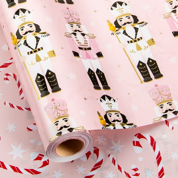 HOMERAL Christmas Wrapping Paper Roll - Pink Gift Wrap with Nutcracker, Snowflake and Candy Bar - Perfect for Christmas - 17 Inch X 33 Feet