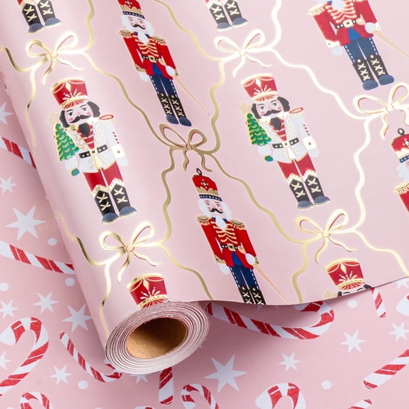HOMERAL Christmas Wrapping Paper Roll - Pink Gift Wrap with Nutcracker, Candy Cane, and bowknot - Perfect for Christmas - 17 Inch X 33 Feet