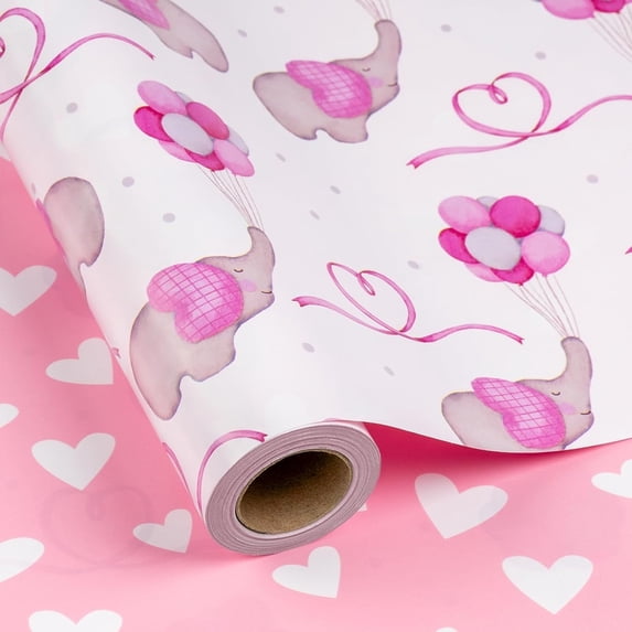 HOMERAL Pink Adorable Elephant Baby Shower Wrapping Paper Roll - Reversible Girly Baby Balloon & Love Heart Newborn Themed for Baby Shower, Birthday, Holiday - 46.8 sq.ft.(17 Inch x 32.8 Ft)