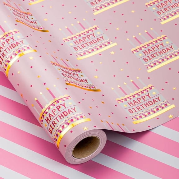 HOMERAL Gift Wrap Paper Reversible Pink Birthday Cake Pattern 1 Roll 17 in x 33 ft