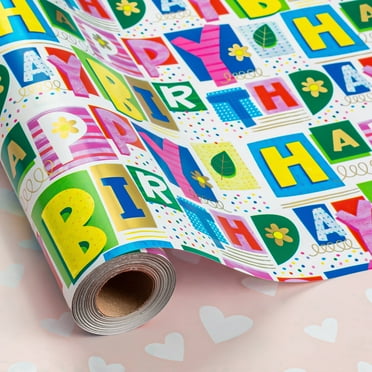 HOMERAL Pink Birthday Wrapping Paper Roll - Colorful Happy Birthday Letterings & Pink Heart Reversible Girly Birthday Gift Wrap for Birthday, Baby Shower - Mini Roll - 17 Inch x 33 Fee