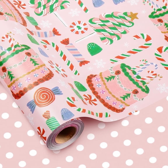 HOMERAL Girls Pink Wrapping Paper Roll, Pastel Cute Birthday Wrapping Paper w/Cakes, Reversible Modern Holiday Gift Wrap with Tree Present Candy Cane for Christmas, Party, Decorative Craft Supply