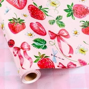 HOMERAL Gift Wrap Paper Pink Strawberry and Bowknot Reversible 17 Inch X 33 Feet