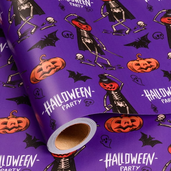 HOMERAL Purple Halloween Wrapping Paper Roll - 17 In X 16.4 Ft (23.3 sqft) - Holiday Wrapping Paper with Pumpkin Skeleton, Bat & Halloween Party Text Pattern for Halloween, Trick-or-Treat & Horror Pa