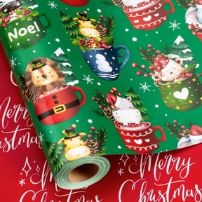 HOMERAL Christmas Wrapping Paper Roll - Green Gift Wrap with Christmas Cup, Christmas Tree, Berry, Animal - Perfect for Christmas - 17 Inch X 33 Feet
