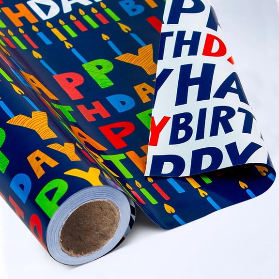 HOMERAL Reversible Birthday Wrapping Paper Roll - 17 Inch X 33 Ft(46.8 Sq.Ft.Ttl) - Creative Colorful Happy Birthday Lettering & Candle Navy Blue Gift Wrap for Birthday, Party, Baby Shower & Holiday