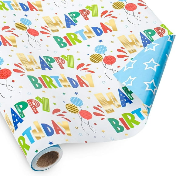 HOMERAL Reversible Birthday Wrapping Paper Roll for Boys Girls Kids Men Women - Colorful Gold Foil Happy Birthday Lettering Balloon and Stars - Gift Wrap Paper for Birthday Party, 17 In x 32.8 Ft