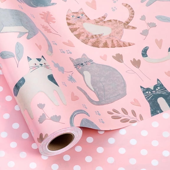 HOMERAL Reversible Cat Design Wrapping Paper Roll - Pink and white polka dot design on the other side, suitable for Valentine's Day, Birthday, Mother's Day, Wedding, Baby Shower