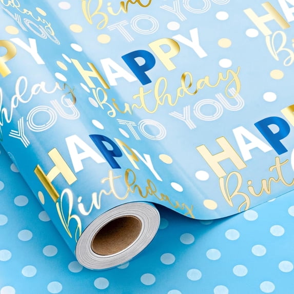 HOMERAL Reversible Light Blue Birthday Wrapping Paper Roll - 17 Inch X 33 Feet - Glitter Happy Birthday Lettering Metallic Foil Paper Boy Gift Wrap w/Polka Dot for Party Father's Day Halloween's Day