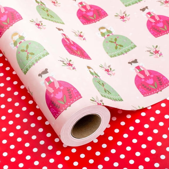 HOMERAL Reversible Baby Shower Wrapping Paper Roll - Mini Roll - Pink Angels & Red Polka Dot Gift Wrap For Girl Baby Shower, Birthday - 17 Inch x 33 Feet