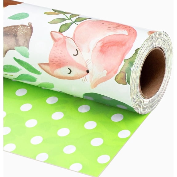 HOMERAL Reversible Wrapping Paper - Mini Roll - 17 Inch x 32.8 Feet - Cute Animal Friends and Polka Dot Design for Birthday, Party, Holiday, Shower