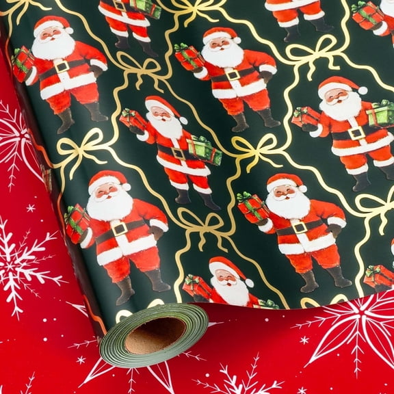 HOMERAL Christmas Wrapping Paper Roll - Green Gift Wrap with Canta Claus, Gift Box, Bowknot and Snowflake - Perfect for Christmas - 17 Inch X 33 Feet