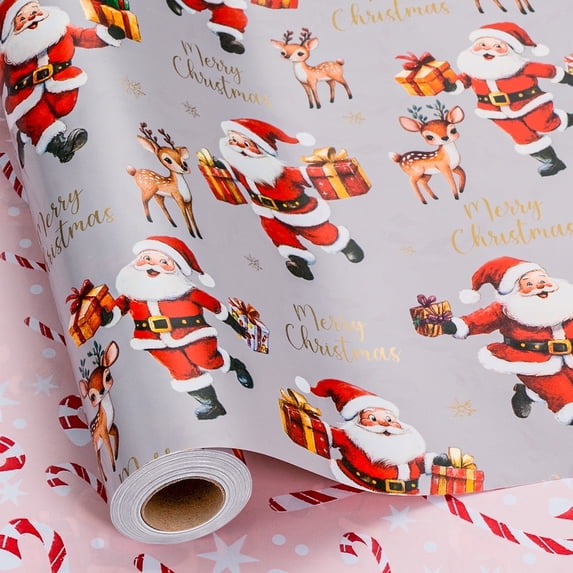 HOMERAL Christmas Wrapping Paper Roll - Silver Gift Wrap with Canta Claus, Gift Box, "Merry Christmas" Letter and Reindeer - Perfect for Christmas - 17 Inch X 33 Feet