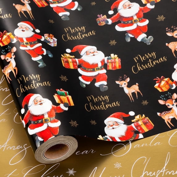HOMERAL Christmas Wrapping Paper Roll - Black Gift Wrap with Santa Claus, Gift Box, Bear and "Merry Christmas" Letter - Perfect for Christmas - 17 Inch X 33 Feet