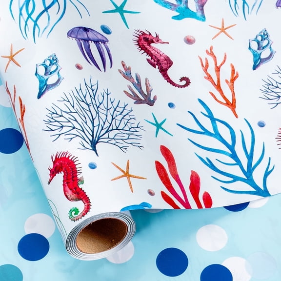 HOMERAL Reversible Blue Wrapping Paper Roll - Sea Gift Wrap with Marine life such as seahorses, jellyfish, starfish, corals - Perfect for Baby Shower, Holiday - 17 Inch X 33 Feet
