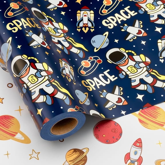 HOMERAL Space Wrapping Paper - Astronaut Gift Wrap Mini Roll - Kids Blue Space Birthday Gift Wrap Roll Boys Wrapping Paper Outer Space Party Favor - 17 in X 33 ft Suitable for Birthdays, Parties