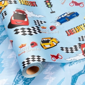 HOMERAL Blue  Race Car Wrapping Paper Roll - 17 in x 33 ft - Design for Birthday