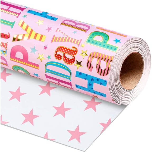 HOMERAL Pink Birthday Wrapping Paper Roll - Colorful Happy Birthday Letters with Metallic Foil Shine & Stars Reversible Gift Wrap for Girls Baby Shower, Party - Mini Roll - 17 Inch x 33 Feet