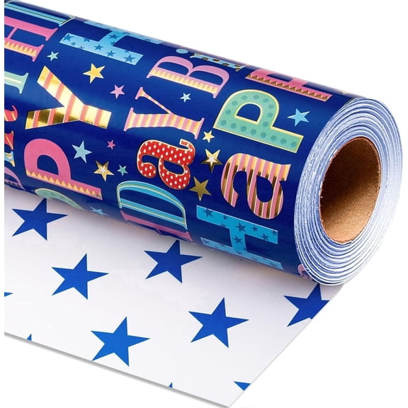 HOMERALBlue Birthday Wrapping Paper Roll - Colorful Happy Birthday Letters with Metallic Foil Shine & Stars Reversible Gift Wrap for Boys Baby Shower, Party - Mini Roll - 17 Inch x 33Feet