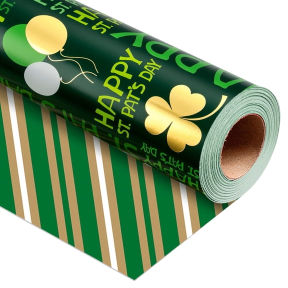 HOMERALReversible St. Patrick's Day Wrapping Paper, Metalic Foil Green Shamrock Beer and Stripe Design Lucky Irish Gift Wrap for Birthdays, Holidays, Christmas and Celebrations (17 IN x 32.8 FT)