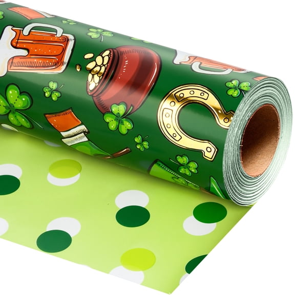 HOMERALSt. St. Patrick’s Green Reversible Wrapping Paper Roll - 17 In x 32.8 Ft (46.5 sq.ft.ttl.)Design for Festive St. Patrick's Day, DIY Crafts, Holiday Greeting Cards and Irish Themed Celebrations