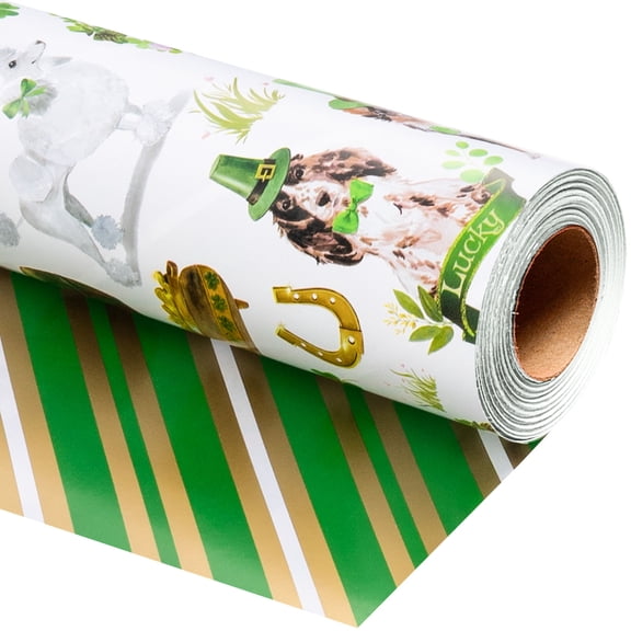 HOMERAL Reversible St. Patrick's Wrapping Paper - 17 Inch x 33 Feet - Lucky Dogs with Hats & Four-leaf Clovers for Holiday