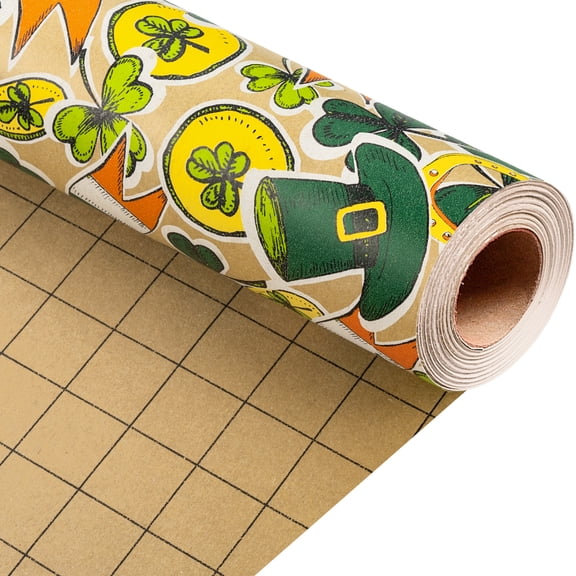 HOMERAL Kraft St. Patrick's Wrapping Paper - Mini Roll - 17 Inch x 33 Feet - Lucky Clover, Golden Horseshoe, Green Hats and Flags Gift Wrap for Saint Patrick Day