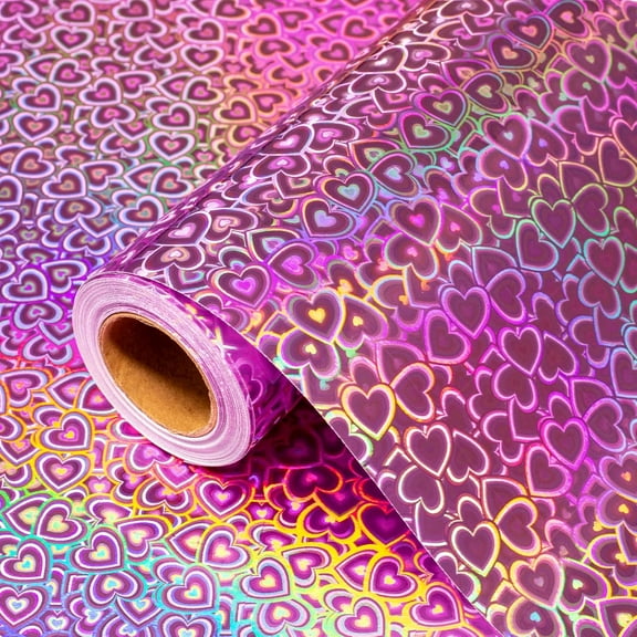 HOMERAL Holographic Heart Wrapping Paper Roll, Girly Romantic Metallic Pink Rainbow Birthday Wrapping Paper for Valentine's Day, Wedding, Anniversary, Christmas, Party, Celebration (17in x 33ft)
