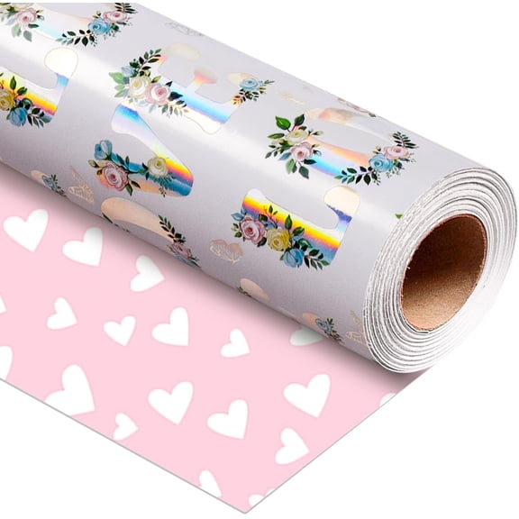 HOMERAL Love Floral Wrapping Paper Roll, Reversible Pink Heart Design Gift Wrap for Wedding, Bridal Shower, Valentin'e Day, Anniversay, Engagement, Mother's Day, Christmas (17 Inch X 32.8 Feet)