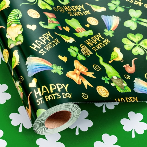 HOMERAL Green Wrapping Paper Roll, Metallic Foil Irish Gnomes, Lucky Shamrock Design Gift Wrap Paper for St. Patrick's Day, Irish Birthday Present, Holiday, Christmas (Mini Roll, 17 Inch X 33 Feet)