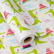 HOMERAL Wrappping Paper Roll, Cute Crocodile Happy Birthday Gift Wrap Paper, Metallic Gold Foil Birthday Cake Thick Packing Paper - 17 Inches x 32.8 Feet