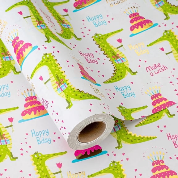 HOMERAL Cute Crocodile Happy Birthday Gift Wrap Paper - 17 in x 32.8 ft