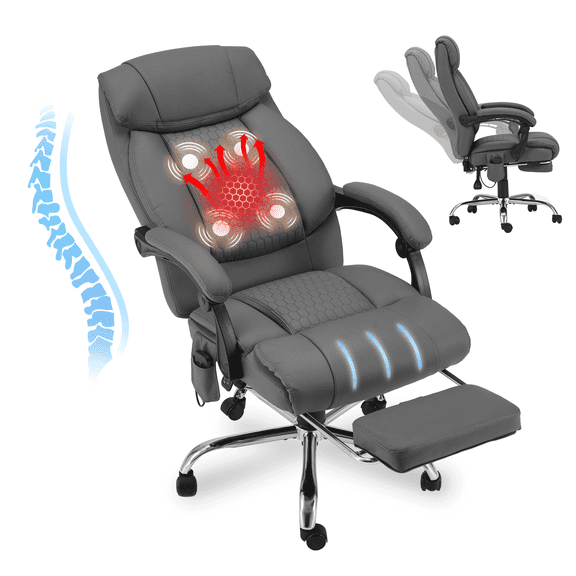 HOMREST Ergonomic Administrative Office Chair, Heated Massage Lounge Chair with Adjustable Backrest, Foot Pedal, for Home & Office Use, Grey