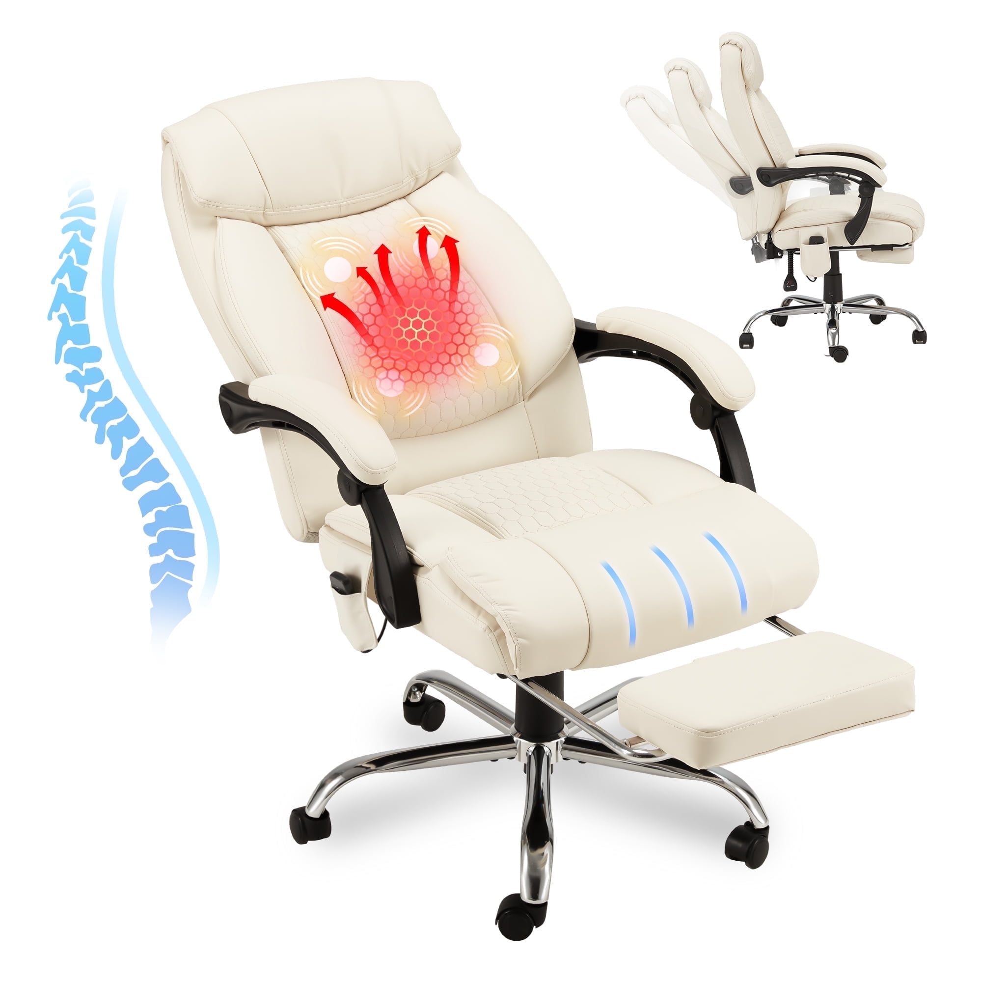 HOMREST  Ergonomic Administrative Office Chair, Heated Massage Lounge Chair with Adjustable Backrest, Foot Pedal, for Home & Office Use, Beige