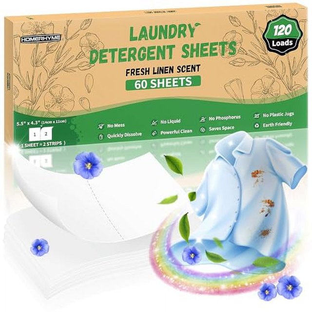 HOMERHYME Laundry Detergent Sheets Fresh Linen Scent 120 Loads (60
