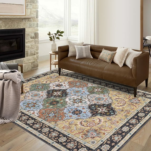 HOMERRY 10' x 13' Area Rug for Living Room Boho Vintage Rug Non Slip Throw Rugs, Yellow