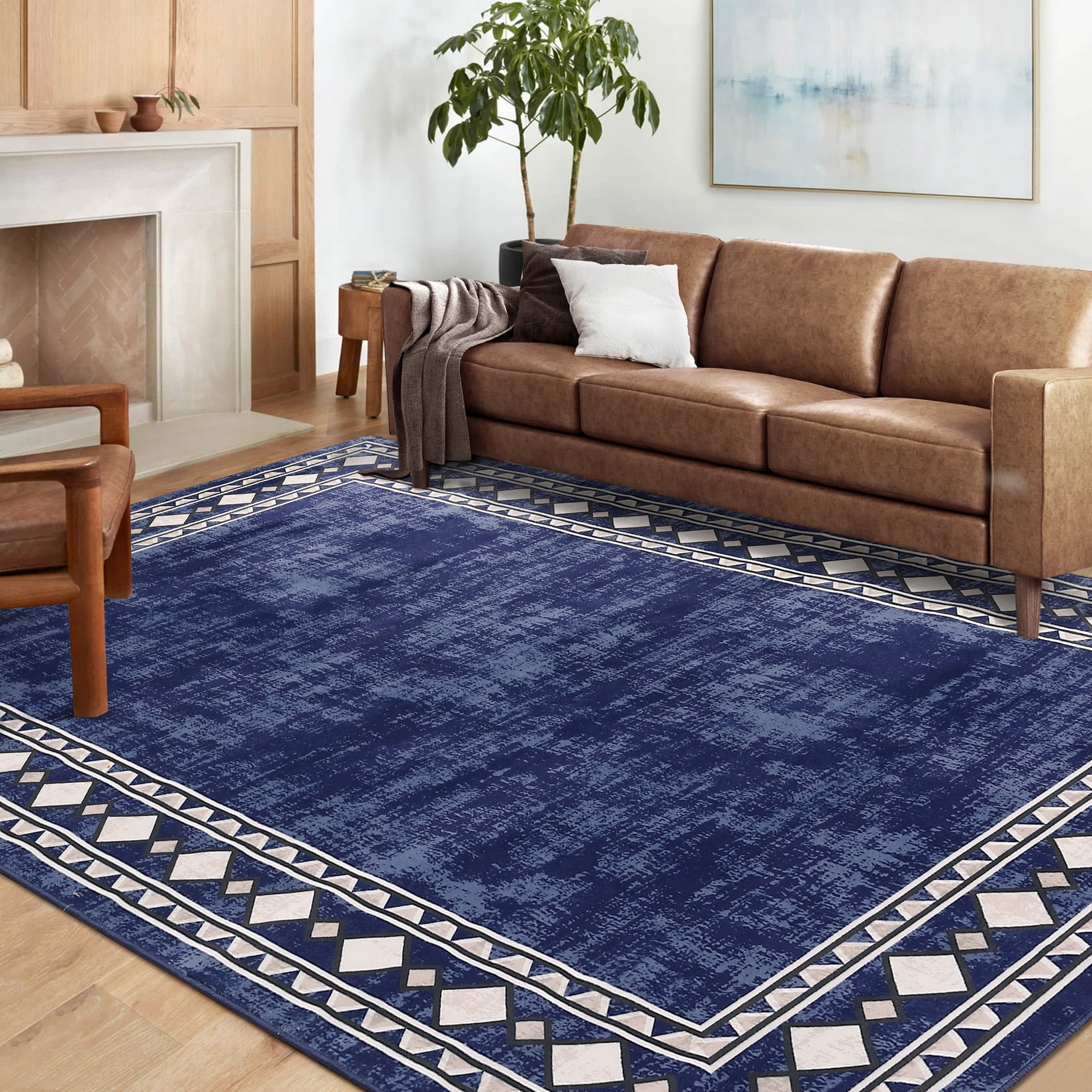 HOMERRY 10' x 13' Area Rug for Living Room Washable Bedroom Geometric Border Indoor Carpet, Navy