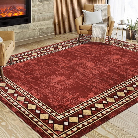 HOMERRY 10' x 13' Area Rug for Living Room Washable Bedroom Geometric Border Indoor Carpet, Red