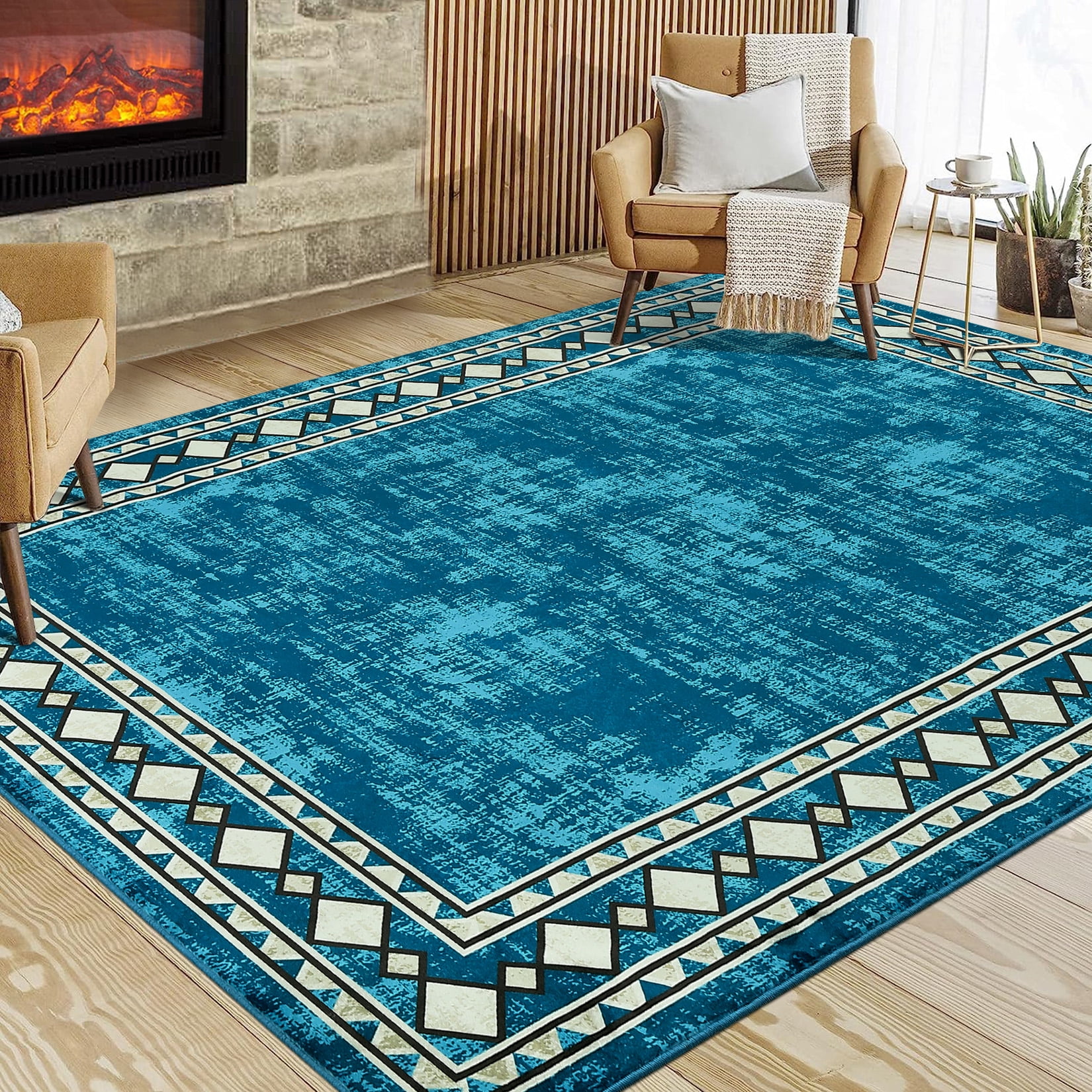 HOMERRY 10' x 13' Area Rug for Living Room Washable Bedroom Geometric Border Indoor Carpet, Teal